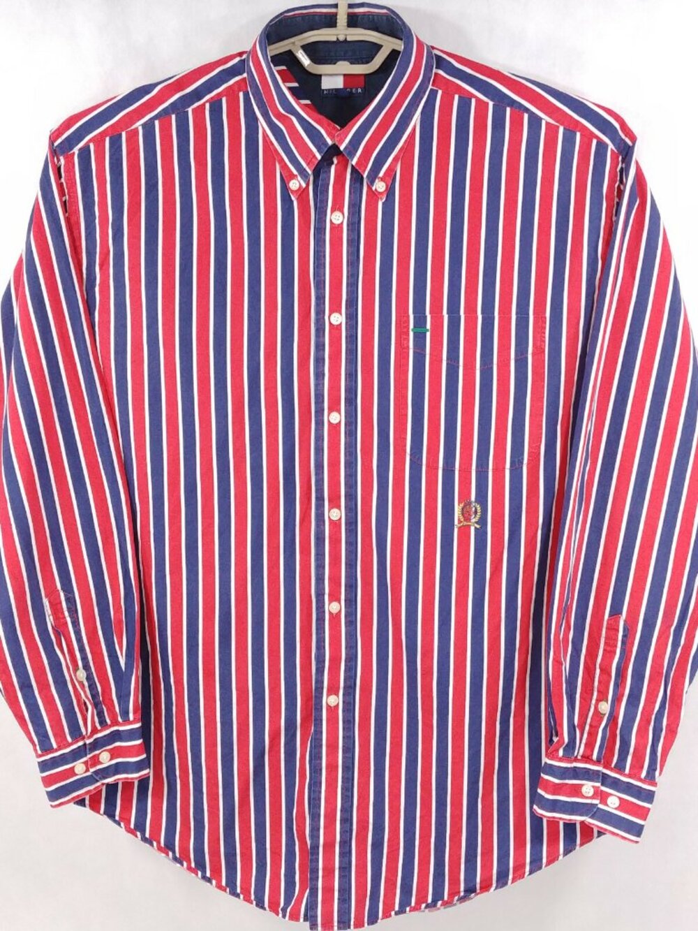 Tommy Hilfiger Vtg Crest Logo Red White Blue Striped Button Down Shirt Mens L